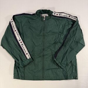 Champion Jacket Mens Large Green Tape Logo Full Zip Windbreaker Nylon Athletic